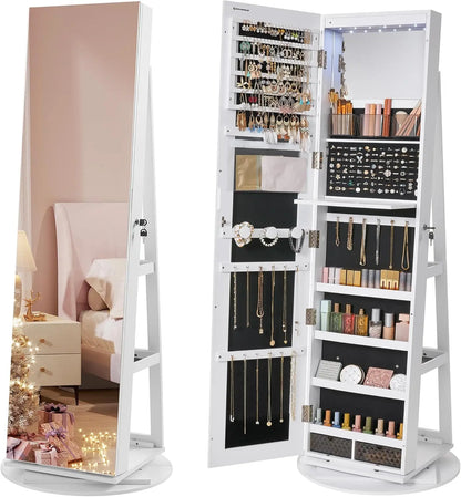 3-in-1 Rotating Jewelry Cabinet with Full-Length Led Mirror & 360° Storage Base Spiegel Weltt