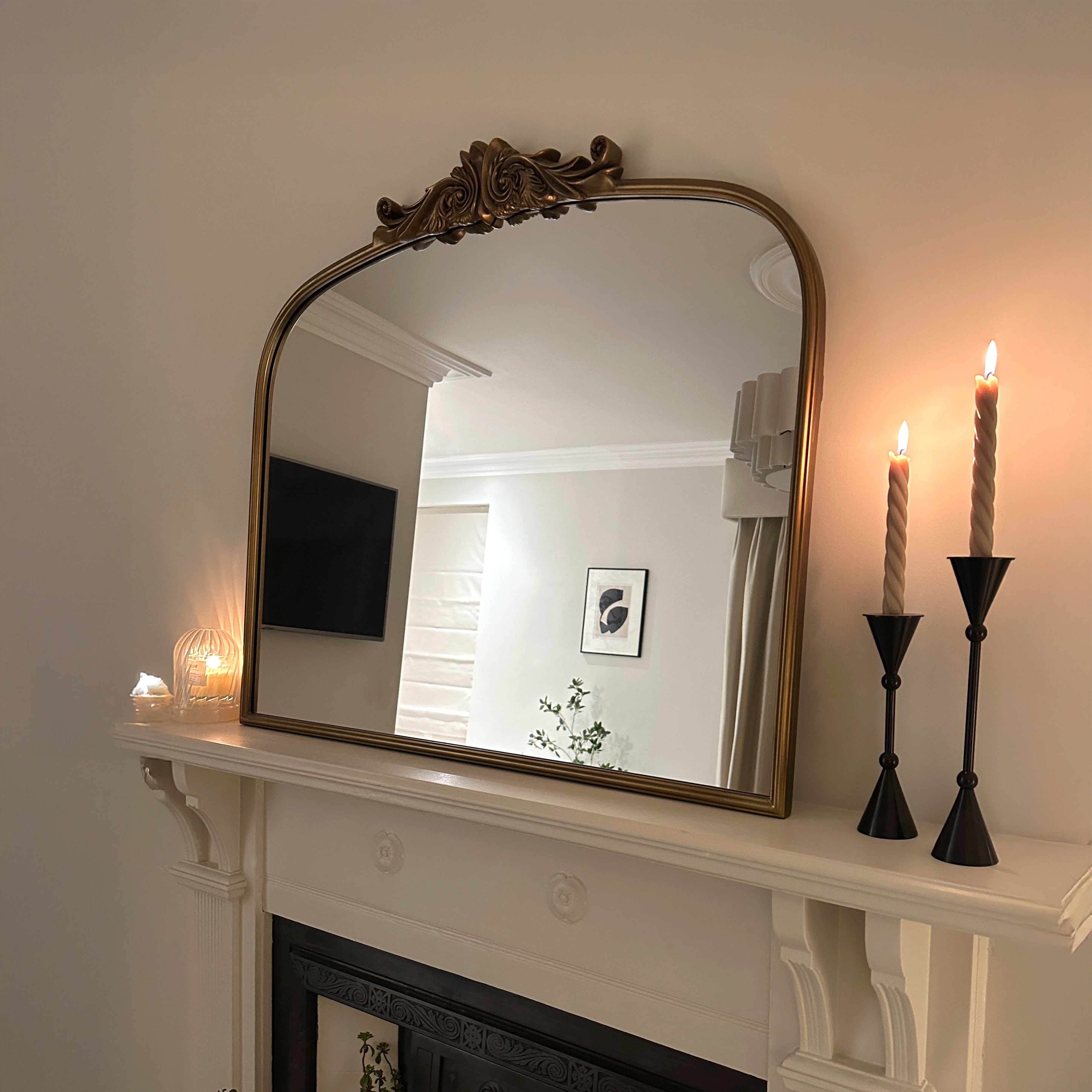 Amelia Arched Mantel Mirror - Elegant Antique Gold Fireplace Mirror - 100 x 87 cm