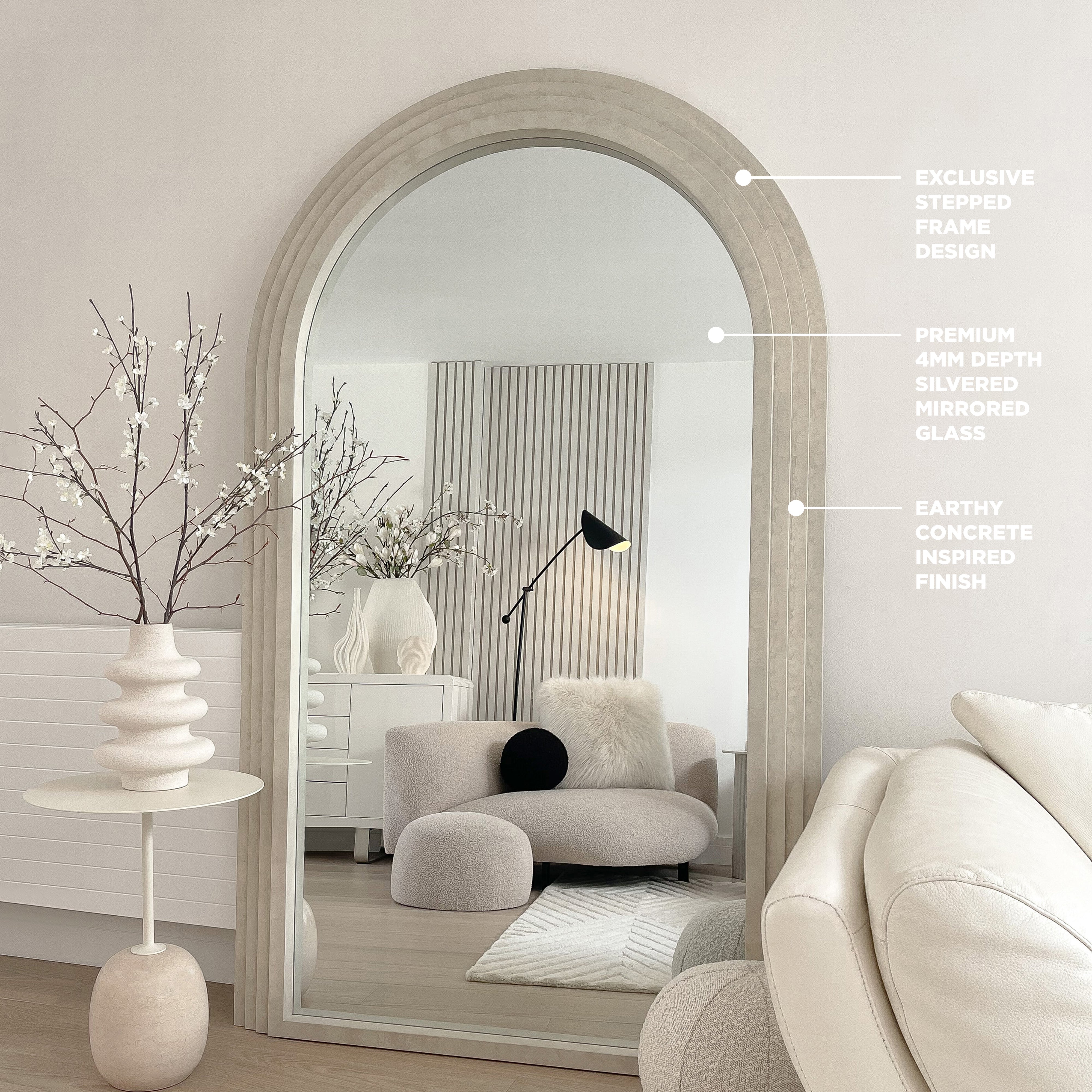 Luciana Large Arched Mirror - Industrial Concrete Texture - 180 cm x 110 cm