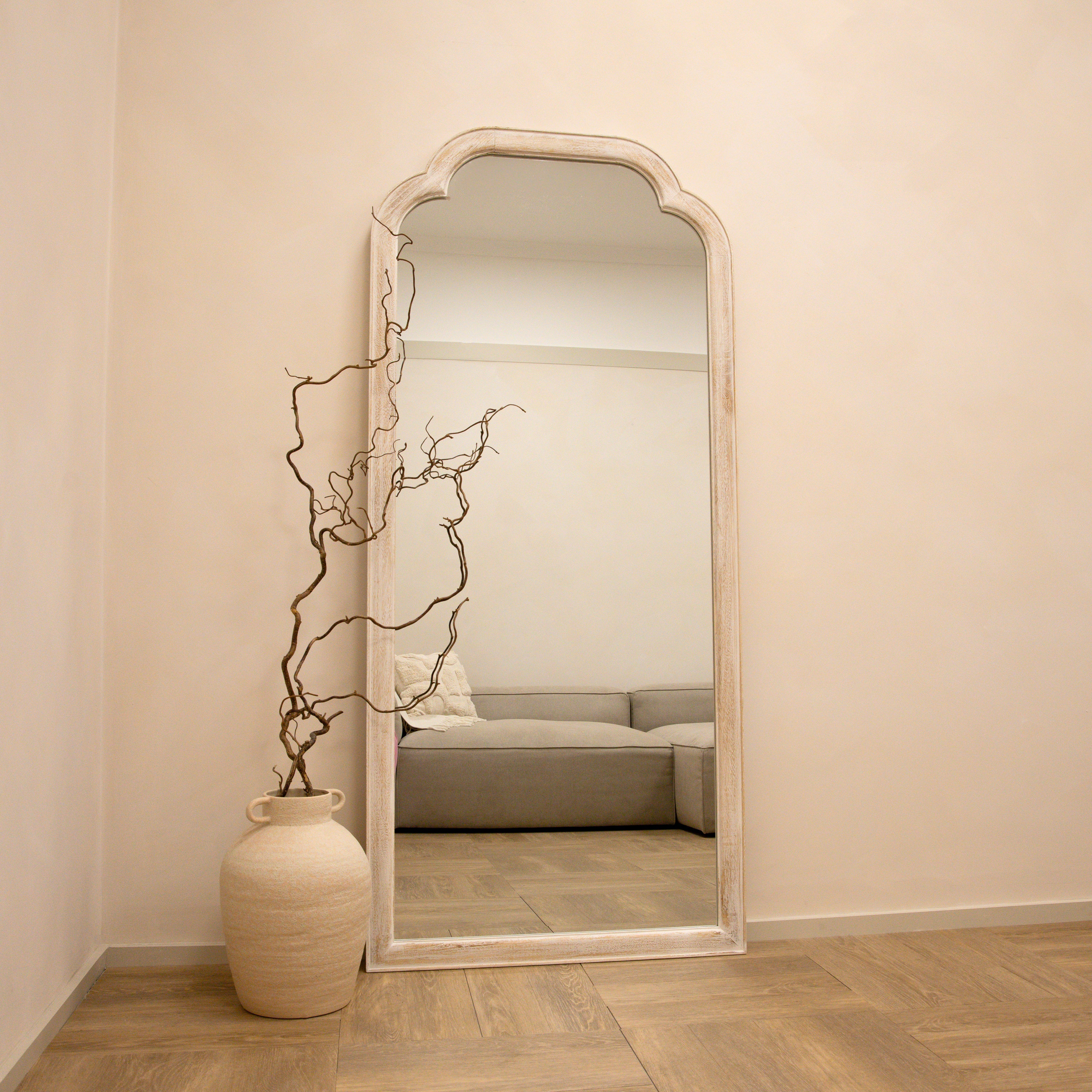 Elena Arched Full-Length Mirror - Rustic White Washed Wood Frame (170 x 75 cm)